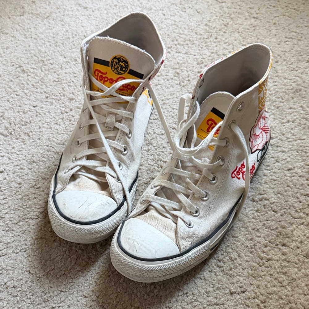 Topo Designs White High-Top Canvas Sneakers with Floral Accent